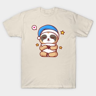 Cute Sloth Sleeping With Pillow And Star Cartoon T-Shirt